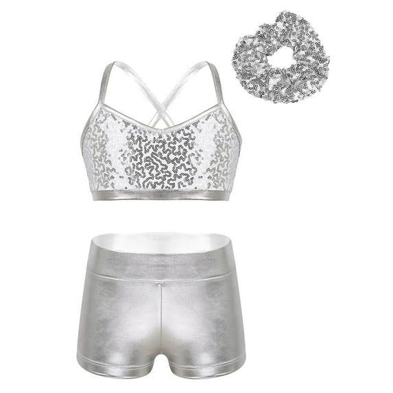 XUNZOO 3Pcs Girls Metallic Dance Outfit Kids Sport Crop Top Bra with Shorts Hair Tie for Gym Workout Silver 8
