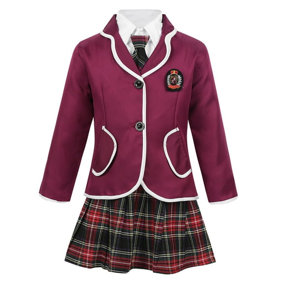 XUNZOO Big Girls Girls British Winter School Uniform Long Sleeves Shirt Blazer Suit with Mini Skirt Burgundy 150