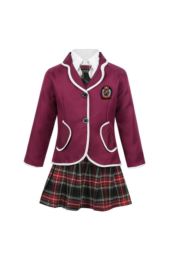 Big Girls Girls British Winter School Uniform Long Sleeves Shirt Blazer Suit with Mini Skirt Burgundy 150