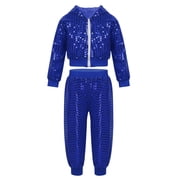 XUNZOO Boys Girls Hip Hop Dance Outfits Sequins Long Sleeve Zipper Hoodie Jacket with Pants Blue 140