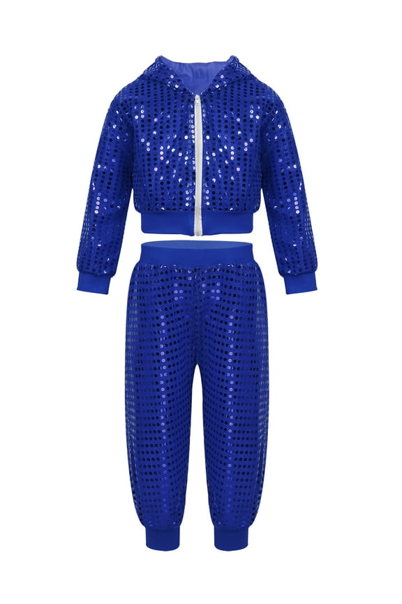 Boys Girls Hip Hop Dance Outfits Sequins Long Sleeve Zipper Hoodie Jacket with Pants Blue 160