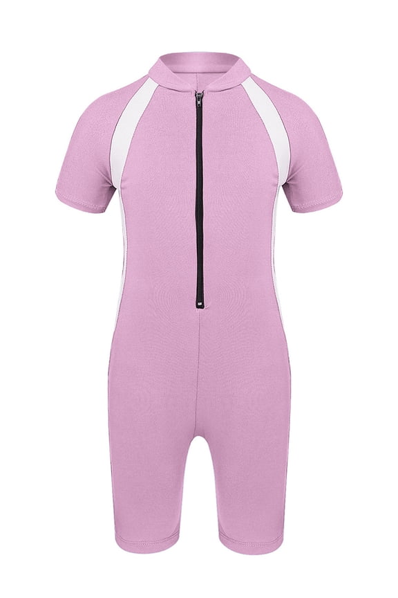 Girls Boys One Piece Swimsuit Short Sleeve Wetsuit UV Sun Protection Rash Guard Swimwear Pink 10