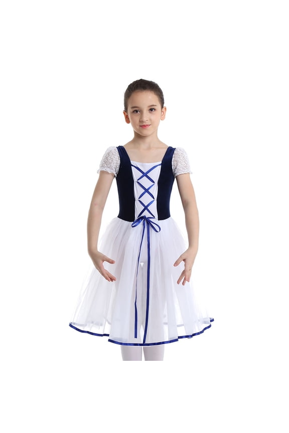 Girls Child Romantic Ballet Tutu Long Fancy Tulle Skating Dress Velvet Top Ballerina Dancewear Navy Blue S