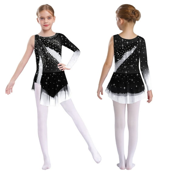 XUNZOO Girls Color Block Long Sleeve Figure Skating Gymnastics Skirted Leotard Rhythmic Performance Outfits Black 6