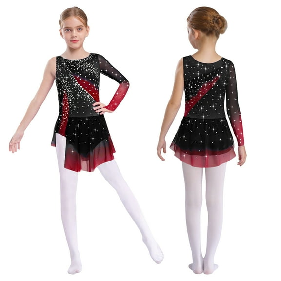 XUNZOO Girls Color Block Long Sleeve Figure Skating Gymnastics Skirted Leotard Rhythmic Performance Outfits Burgundy 8