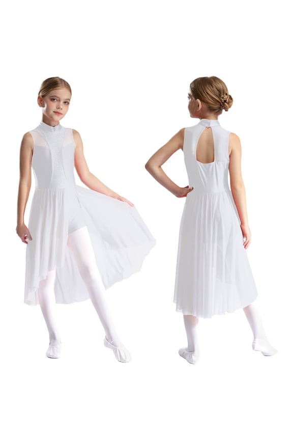 Girls Figure Skating Bodysuit Ballet Dance Dress Leotard Hollow Back Jumpsuit Rhinestone Overalls White 10