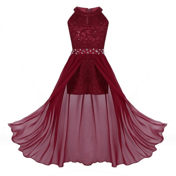 XUNZOO Junior Big Girls High Neck Chiffon Bridesmaid Dress Wedding Party Ball Prom Long Gowns Burgundy 14