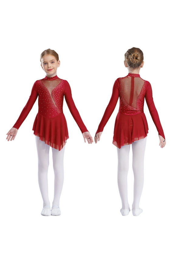 Kid Girls Figure Ice Skating Dress Long Sleeve Shiny Rhinestone Ballet Irregular Hem Leotard Dresses Burgundy 12