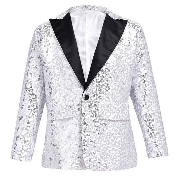 XUNZOO Kids Boys Sequins Gentleman Suit Tuxedo Coat Blazer Jacket Birthday Party Wedding Suit Silver 16
