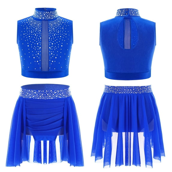 XUNZOO Kids Girls 2 Piece Ballroom Lyrical Dance Dress Outfit Crop Top with Skirt Latin Jazz Modern Dancewear Blue 6