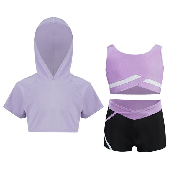 XUNZOO Kids Girls 3pcs Dance Sport Outfit Short Hoodie Hooded with Tank Top Shorts Set Active Gym Light Purple 10