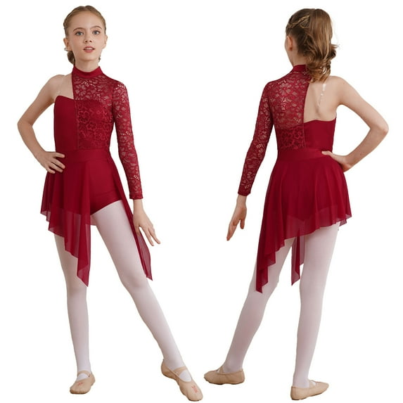 XUNZOO Kids Girls Ballet Lyrical Dance Dress Latin Jazz Ice Skating Costume Gymnastics Skirted Leotard Burgundy 8