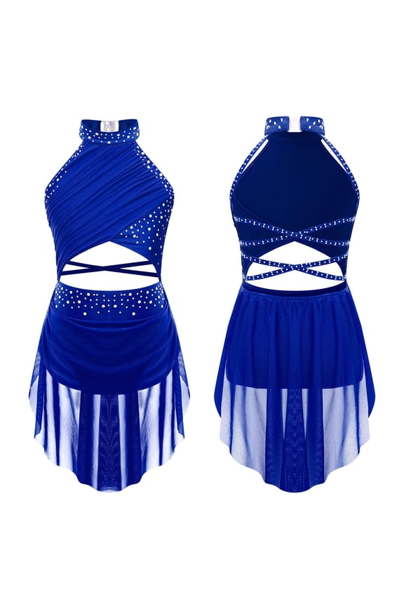 Kids Girls Ballet Lyrical Dance Dress Sleeveless Jazz Modern Contemporary Dance Skating Costume Dancewear Blue 12