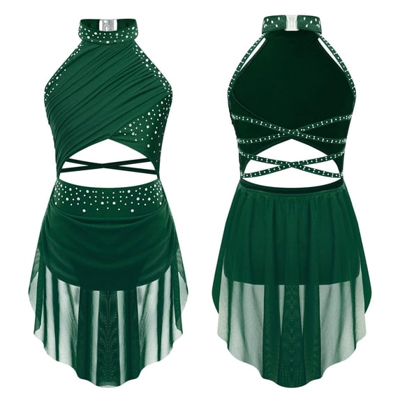 XUNZOO Kids Girls Ballet Lyrical Dance Dress Sleeveless Jazz Modern Contemporary Dance Skating Costume Dancewear Green 12