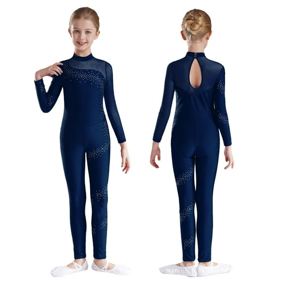 XUNZOO Kids Girls Dance Unitard Rhinestone Splice Mesh Skating Jumpsuit Stretchy Gymnastics Leotard Navy Blue 12