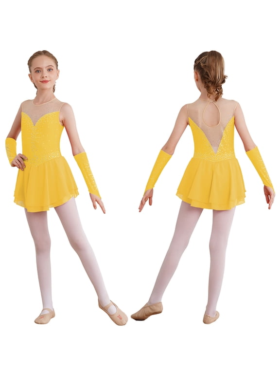 Kids Girls Figure Ice Skating Dress Sleeveless Leotard Dresses with Gloves Lyrical Dance Costume Yellow 8