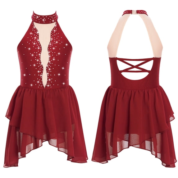 XUNZOO Kids Girls Figure Ice Skating Dress Sleeveless Rhinestone Ballet Dance Leotard Lyrical Dress Costume Burgundy 14