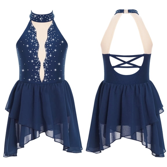 XUNZOO Kids Girls Figure Ice Skating Dress Sleeveless Rhinestone Ballet Dance Leotard Lyrical Dress Costume Navy Blue 14