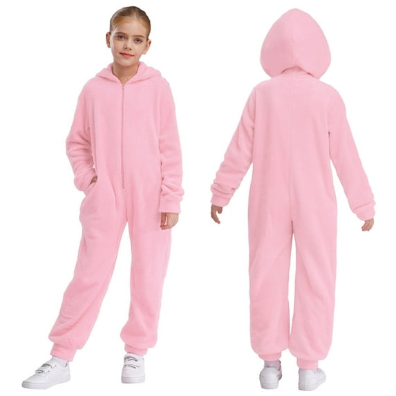 XUNZOO Kids Girls Fleece Hoodie Overalls Pjs Sleepwear Long Sleeve Zipper Bodysuit for Homewear Party Playwear Pink 6