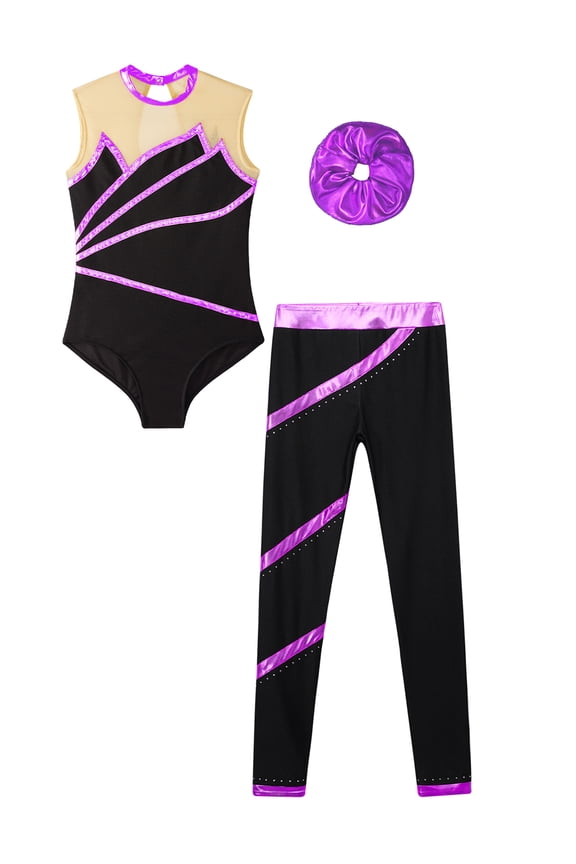 Kids Girls Gymnastic Yoga Ballet Dance Suit Metallic Leotard with Legging Headwear Ice Skating Purple 12
