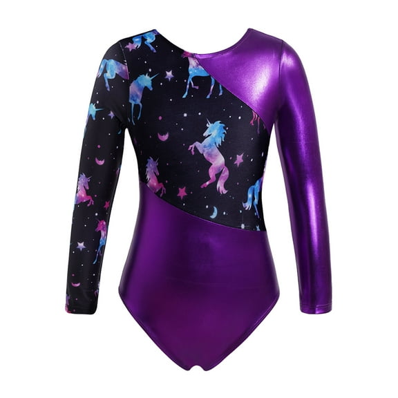 XUNZOO Kids Girls Leotards for Gymnastics Sparkly Long Sleeve Biketard Unitard Quick Dry Ballet Dance Purple 8