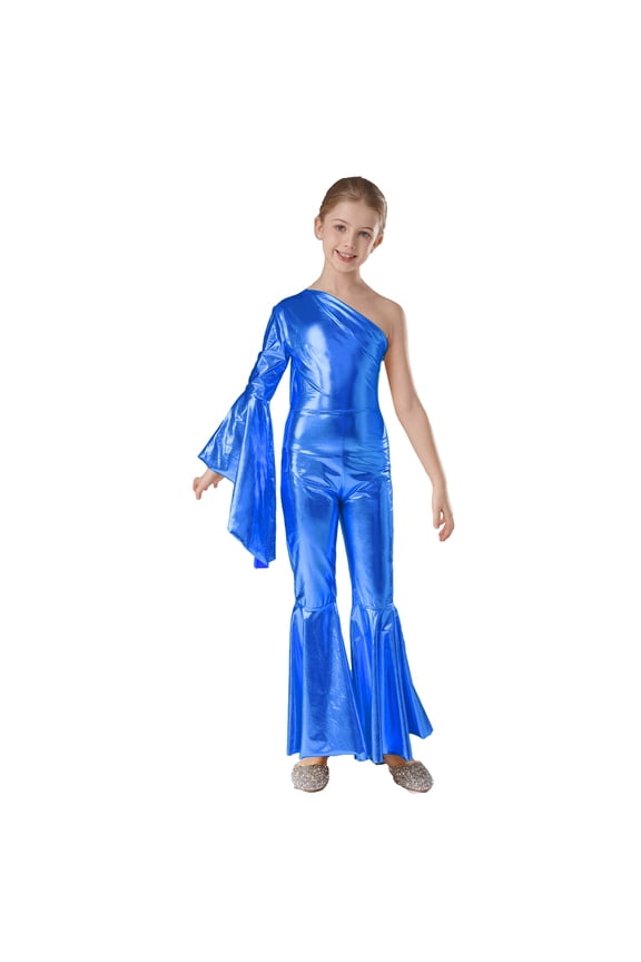 Kids Girls Metallic Party Romper Dress Latin Jazz Dance Bodysuit Bell Bottom Skating Jumpsuit Royal Blue 8