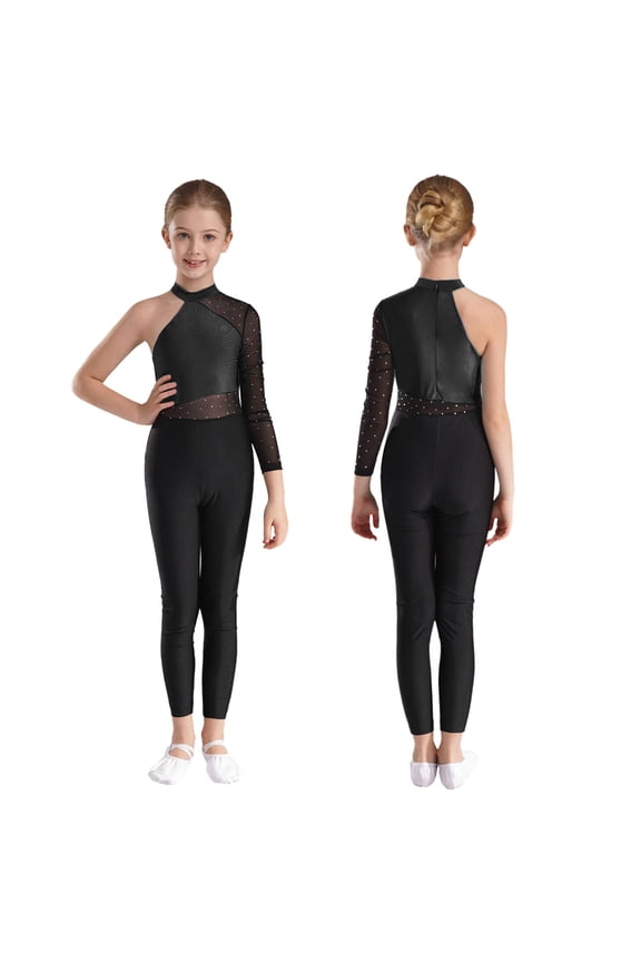 Kids Girls One Shoulder Patchwork Full Body Dance Gymnastics Leotard Skating Jumpsuit Dancewear Black 16