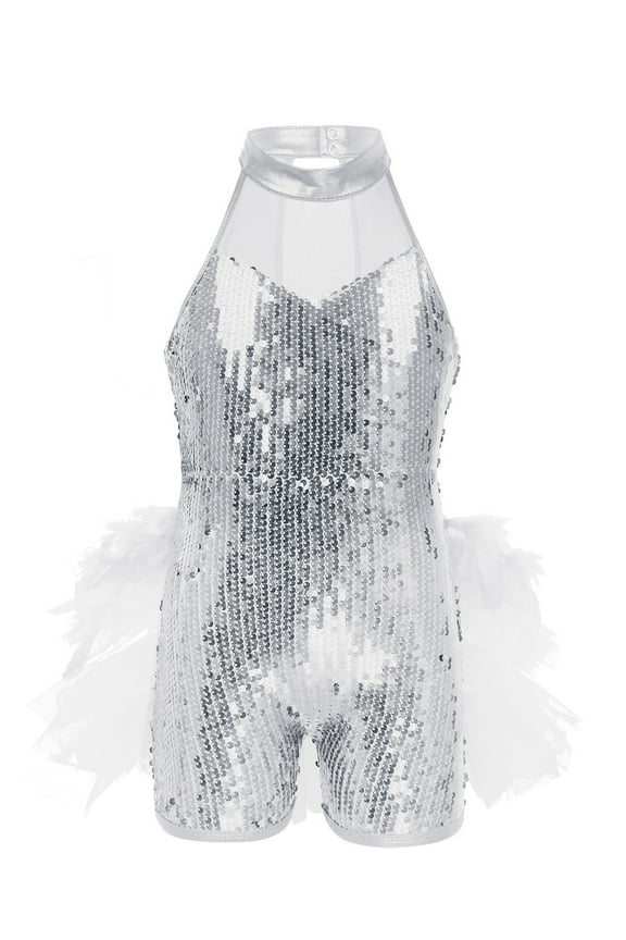 Kids Girls Sequin Hip Hop Jazz Ballet Latin Dance Dress Leotard Jumpsuit Dance Costume White 14