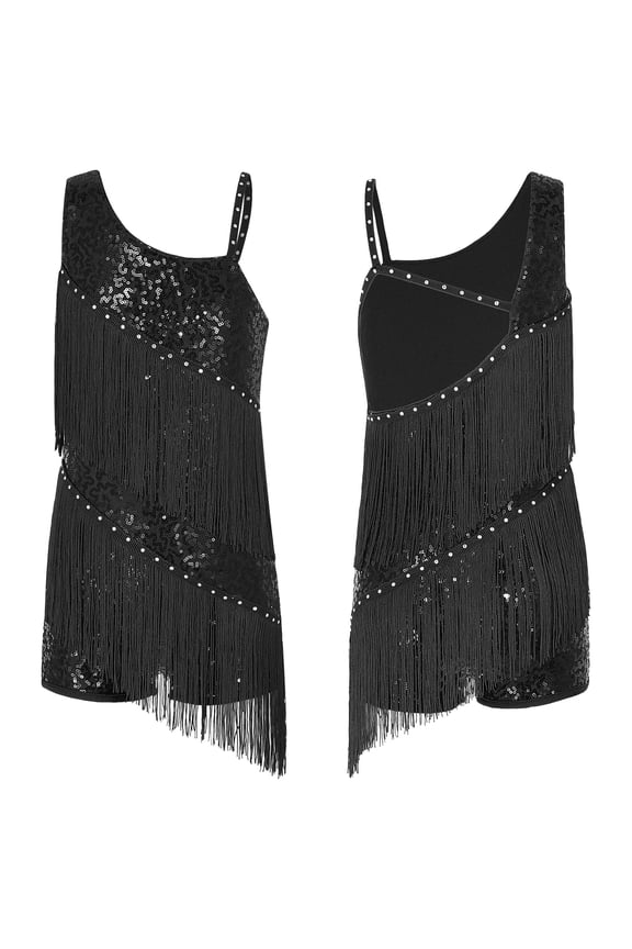 Kids Girls Shiny Fringe Tassels Latin Ballet Skating Dress Sequins Dance Leotard Ballroom Dancewear Black 14