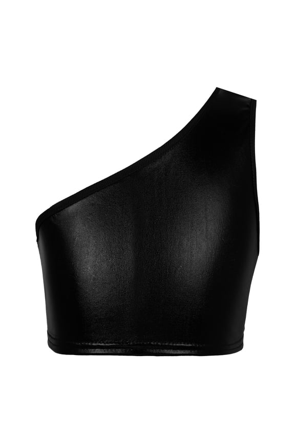 Kids Girls Single Shoulder Tank Vest Dance Sports Training Bra Stage Show Reflective Crop Tops Black 150-160