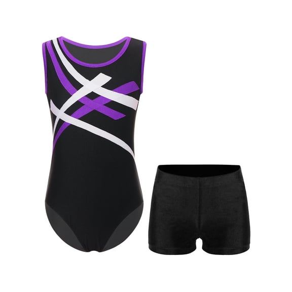 XUNZOO Kids Girls Sleeveless Patchwork Dance Unitards Contrast Color Bodysuit with Solid Color Shorts Purple&Black 10