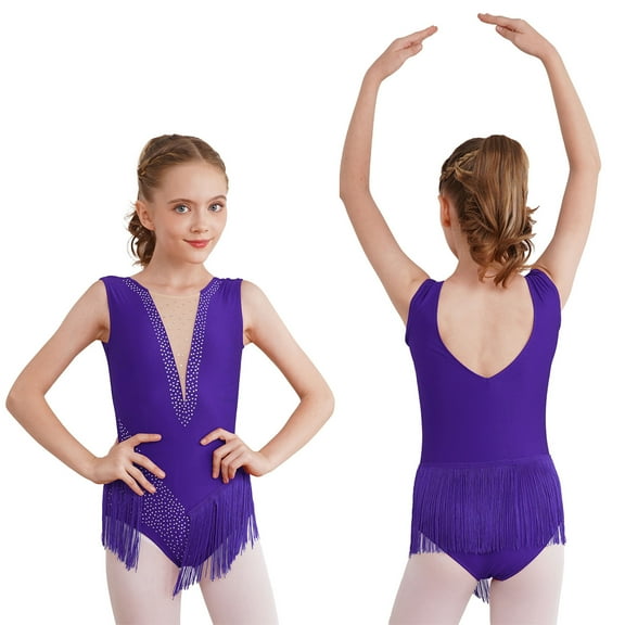 XUNZOO Kids Girls Sleeveless Tassel Rhythmic Gymnastics Leotard Figure Skating Jumpsuit Shiny Ballroom Dancewear Purple 16