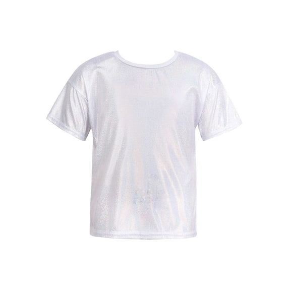 XUNZOO Kids Girls Sparkly Metallic Shiny T-shirt Boys Short Sleeves Loose Fit T-Shirt for Stage Silver 130