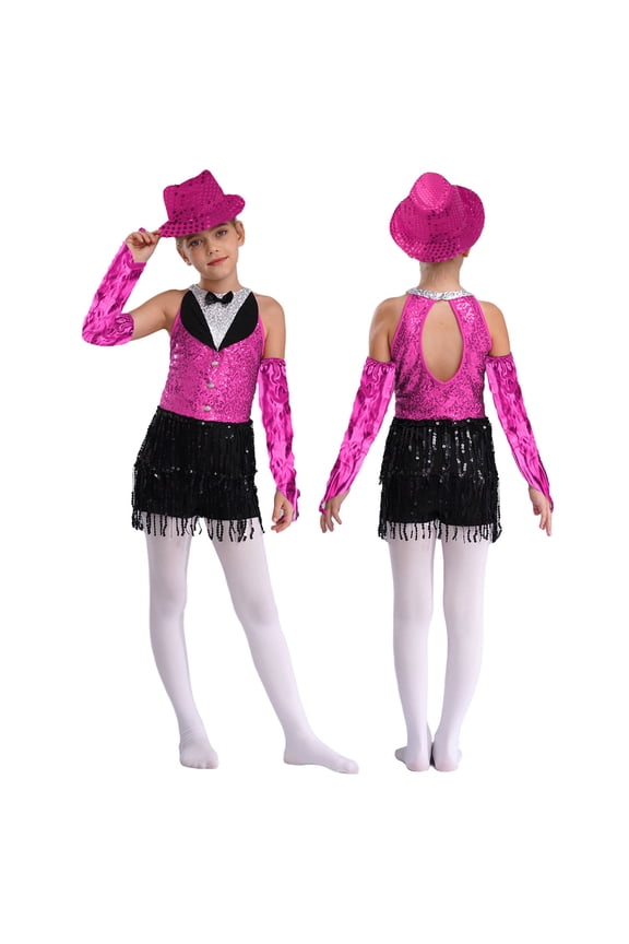Kids Girls Tassel Jumpsuit Latin Jazz Ballet Dance Leotard Dress Modern Competition Dance Costumes Hot Pink 14