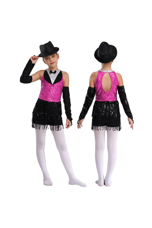 Kids Girls Tassel Jumpsuit Latin Jazz Ballet Dance Leotard Dress Modern Competition Dance Costumes Hot Pink&Black 12