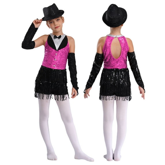 XUNZOO Kids Girls Tassel Jumpsuit Latin Jazz Ballet Dance Leotard Dress Modern Competition Dance Costumes Hot Pink&Black 14
