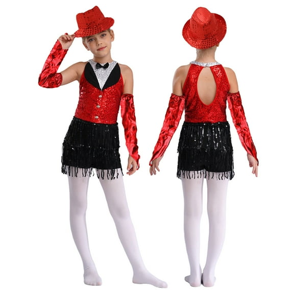 XUNZOO Kids Girls Tassel Jumpsuit Latin Jazz Ballet Dance Leotard Dress Modern Competition Dance Costumes Red 12