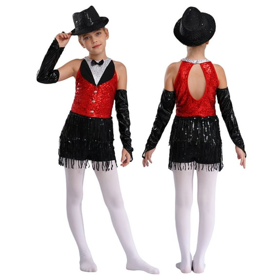 XUNZOO Kids Girls Tassel Jumpsuit Latin Jazz Ballet Dance Leotard Dress Modern Competition Dance Costumes Red&Black 12