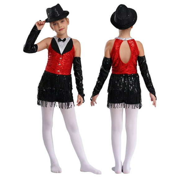 XUNZOO Kids Girls Tassel Jumpsuit Latin Jazz Ballet Dance Leotard Dress Modern Competition Dance Costumes Red&Black 12