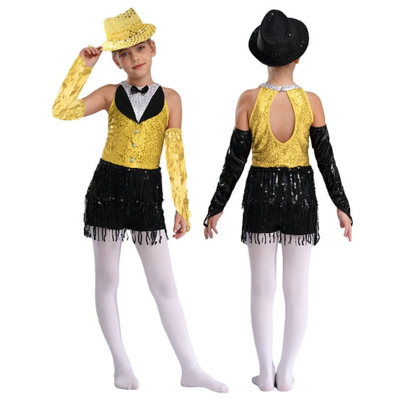 XUNZOO Kids Girls Tassel Jumpsuit Latin Jazz Ballet Dance Leotard Dress Modern Competition Dance Costumes Yellow 12