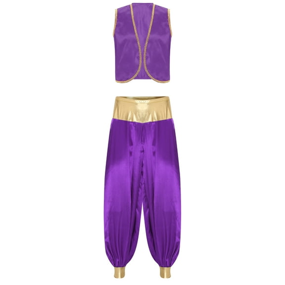 XUNZOO Men's Arabian Prince Costume Street Rat Stain Open Front Vest with Lantern Pants Dark Purple&Dark Purple M