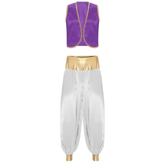 XUNZOO Men's Arabian Prince Costume Street Rat Stain Open Front Vest with Lantern Pants Dark Purple&White 4XL