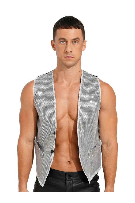 Men's Sparkling Sequins Vests Waistcoat Jazz Hip-hop Rave Dance Party Performance Costume Silver 3XL