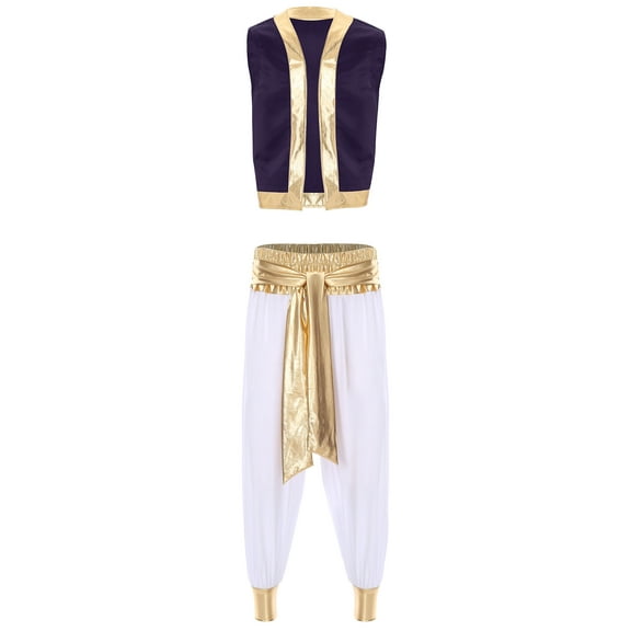XUNZOO Mens Arabian Prince Persian Role Play Outfits Gold Trim Vest with Harem Pants Purple&White M