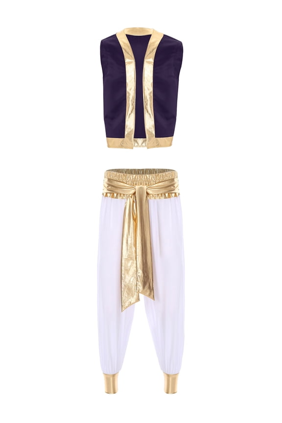 Mens Arabian Prince Persian Role Play Outfits Gold Trim Vest with Harem Pants Purple&White M