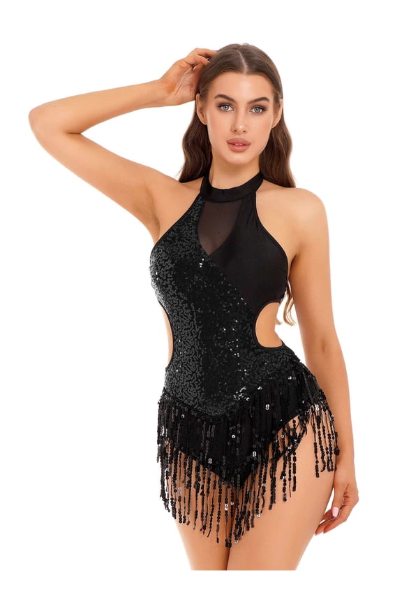 Women Girls One Piece Halter Neck Glitter Sequins Ballroom Latin Dance Leotard Tassel Black M