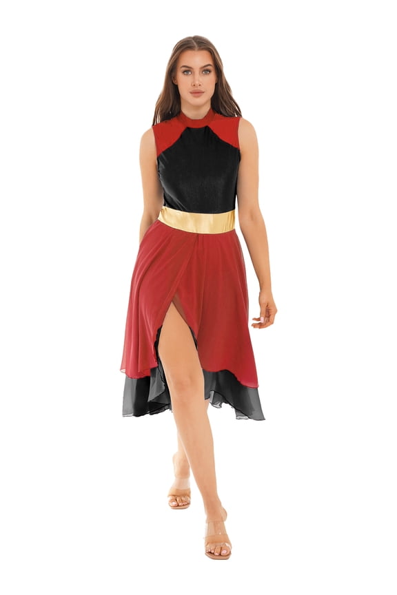 Women Praise Dance Dress Color Block Sleeveless Asymmetrical Hem Leotard Lyrical Contemporary Red&Black L