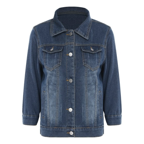 XUNZOO Women's Classic Denim Jacket 3/4 Sleeve Vintage Loose Jean Coat Casual Turn-Down Collar Jean Dark Blue XXL