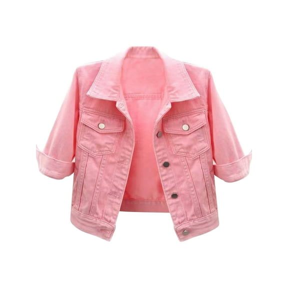 XUNZOO Women's Classic Denim Jacket 3/4 Sleeve Vintage Loose Jean Coat Casual Turn-Down Collar Jean Pink 3XL