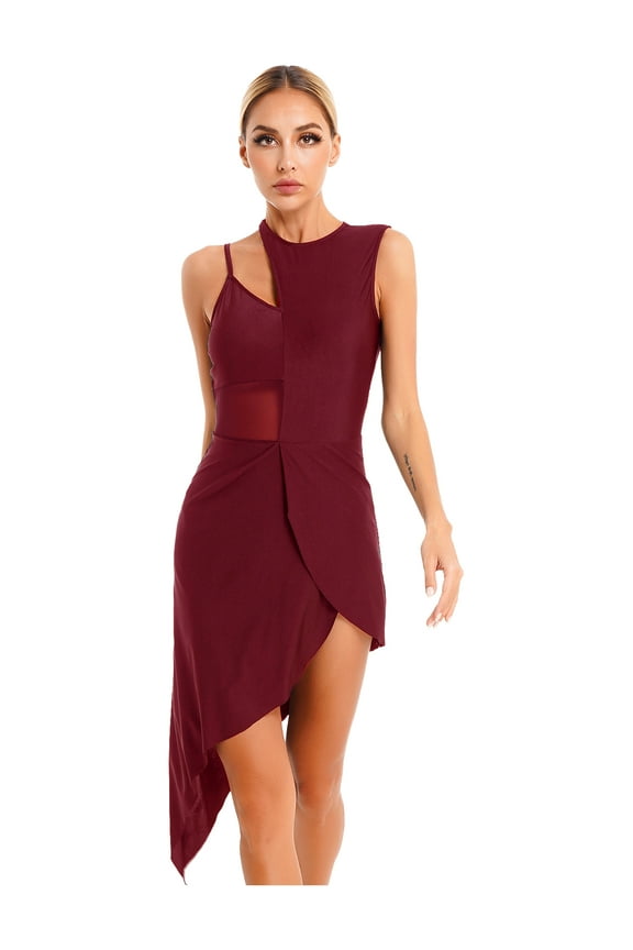Women's Lyrical Latin Dance Dress Modern Jazz Dance Skirt Ballroom Leotard Dancewear Burgundy XXL